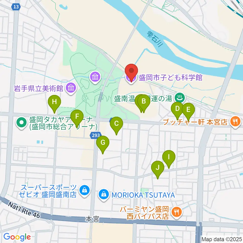 盛岡市子ども科学館周辺のファミレス・ファーストフード一覧地図