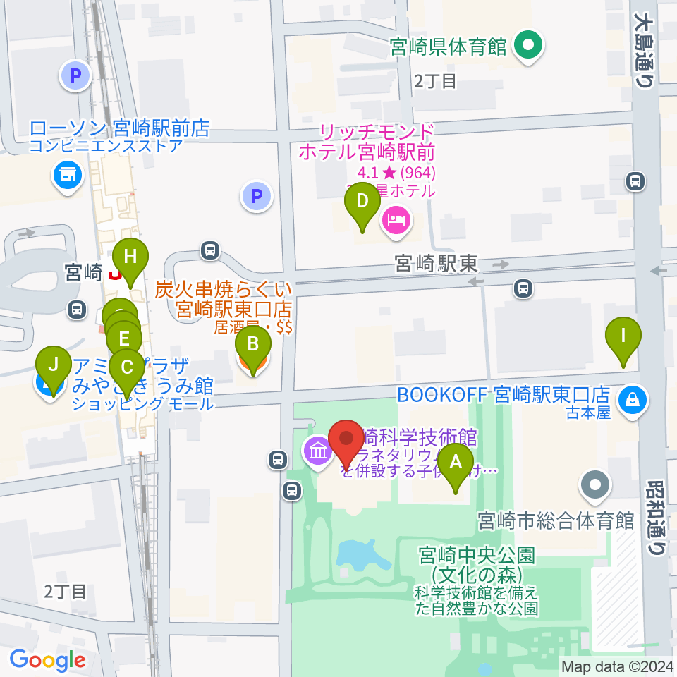 宮崎科学技術館周辺のファミレス・ファーストフード一覧地図