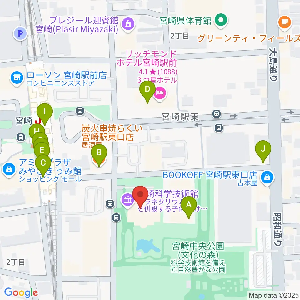 宮崎科学技術館周辺のファミレス・ファーストフード一覧地図