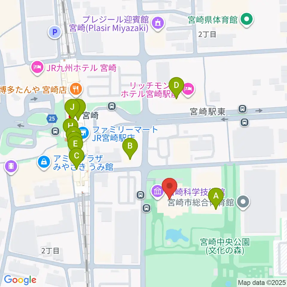 宮崎科学技術館周辺のファミレス・ファーストフード一覧地図