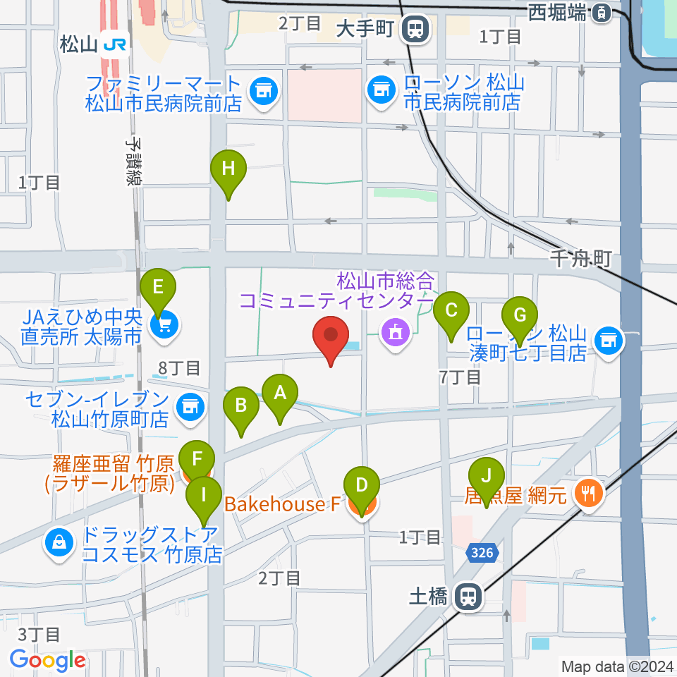 松山コスモシアター周辺のファミレス・ファーストフード一覧地図