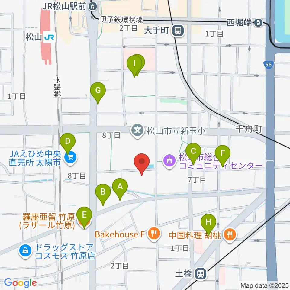 松山コスモシアター周辺のファミレス・ファーストフード一覧地図