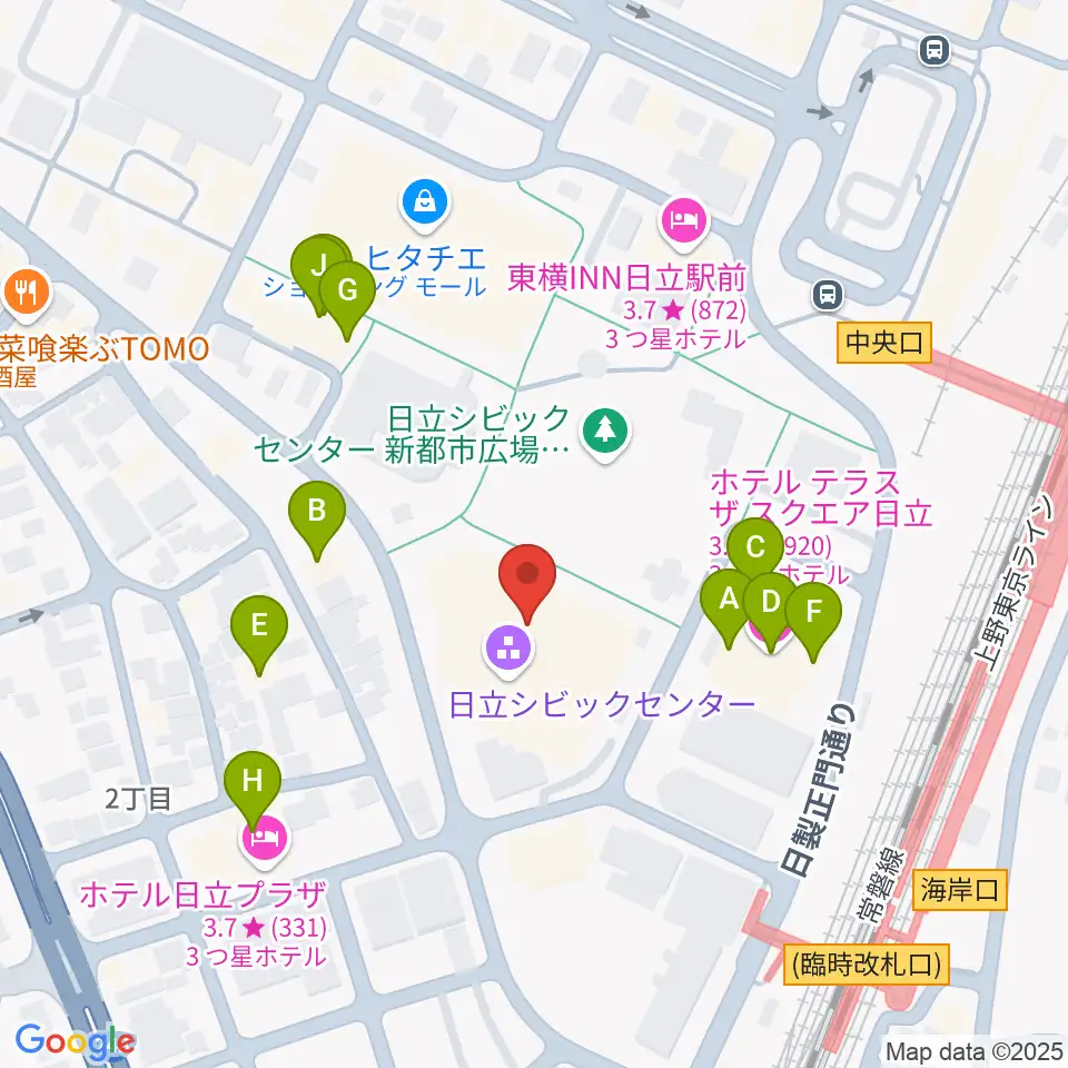 日立シビックセンター天球劇場周辺のファミレス・ファーストフード一覧地図