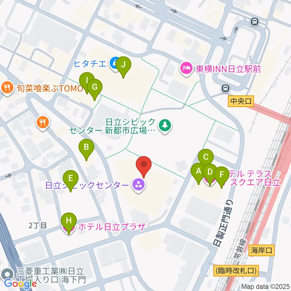 日立シビックセンター天球劇場周辺のファミレス・ファーストフード一覧地図