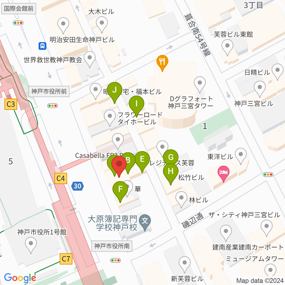 プラスミュージック神戸三宮周辺のファミレス・ファーストフード一覧地図