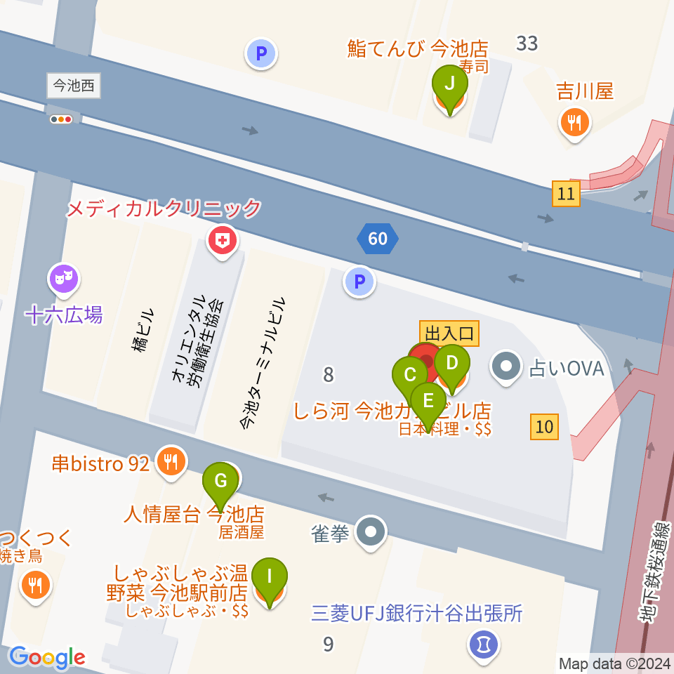 今池ガスホール周辺のファミレス・ファーストフード一覧地図