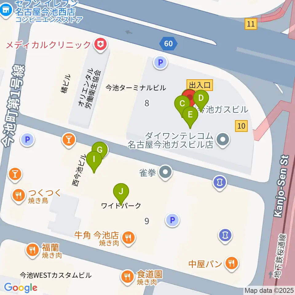 今池ガスホール周辺のファミレス・ファーストフード一覧地図