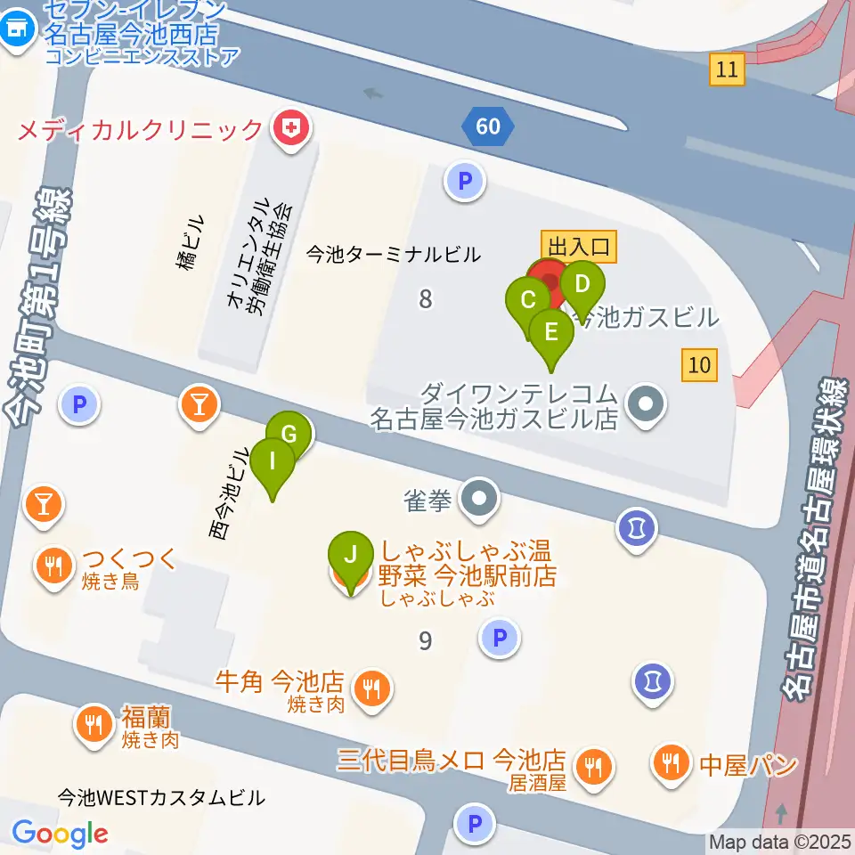 今池ガスホール周辺のファミレス・ファーストフード一覧地図