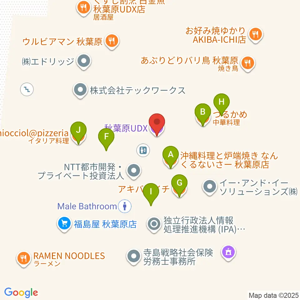 秋葉原UDXシアター周辺のファミレス・ファーストフード一覧地図