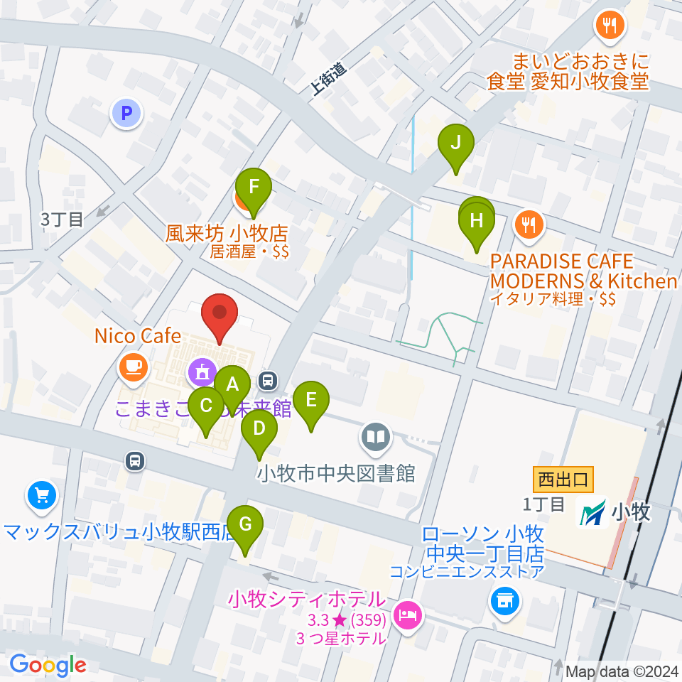 小牧市まなび創造館周辺のファミレス・ファーストフード一覧地図