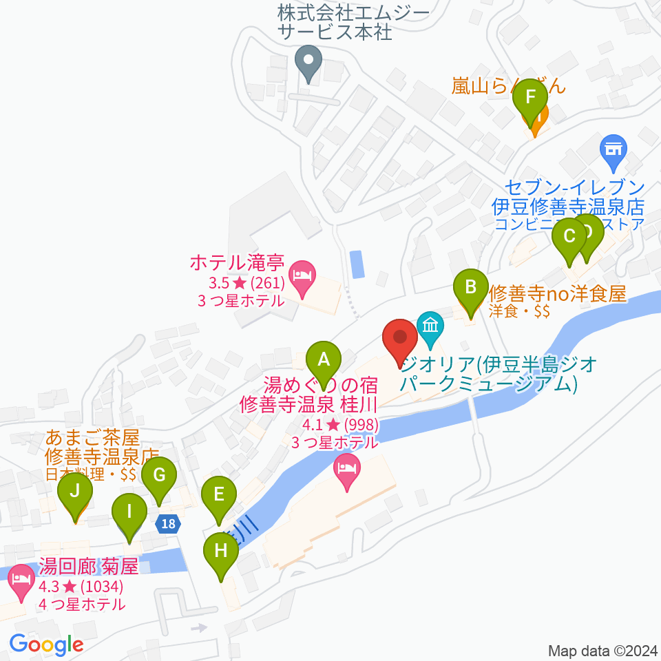 修善寺総合会館周辺のファミレス・ファーストフード一覧地図