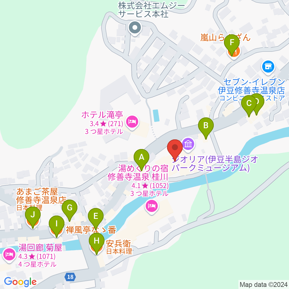 修善寺総合会館周辺のファミレス・ファーストフード一覧地図