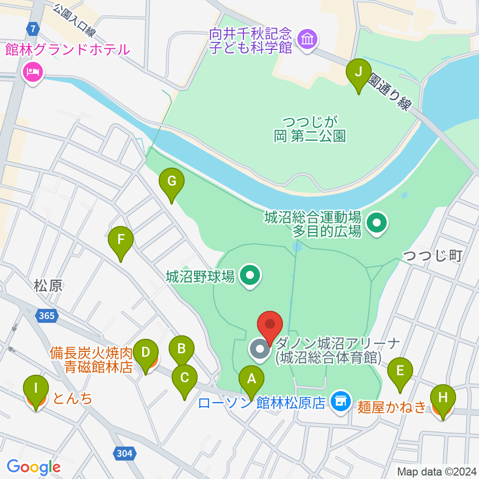 ダノン城沼アリーナ周辺のファミレス・ファーストフード一覧地図