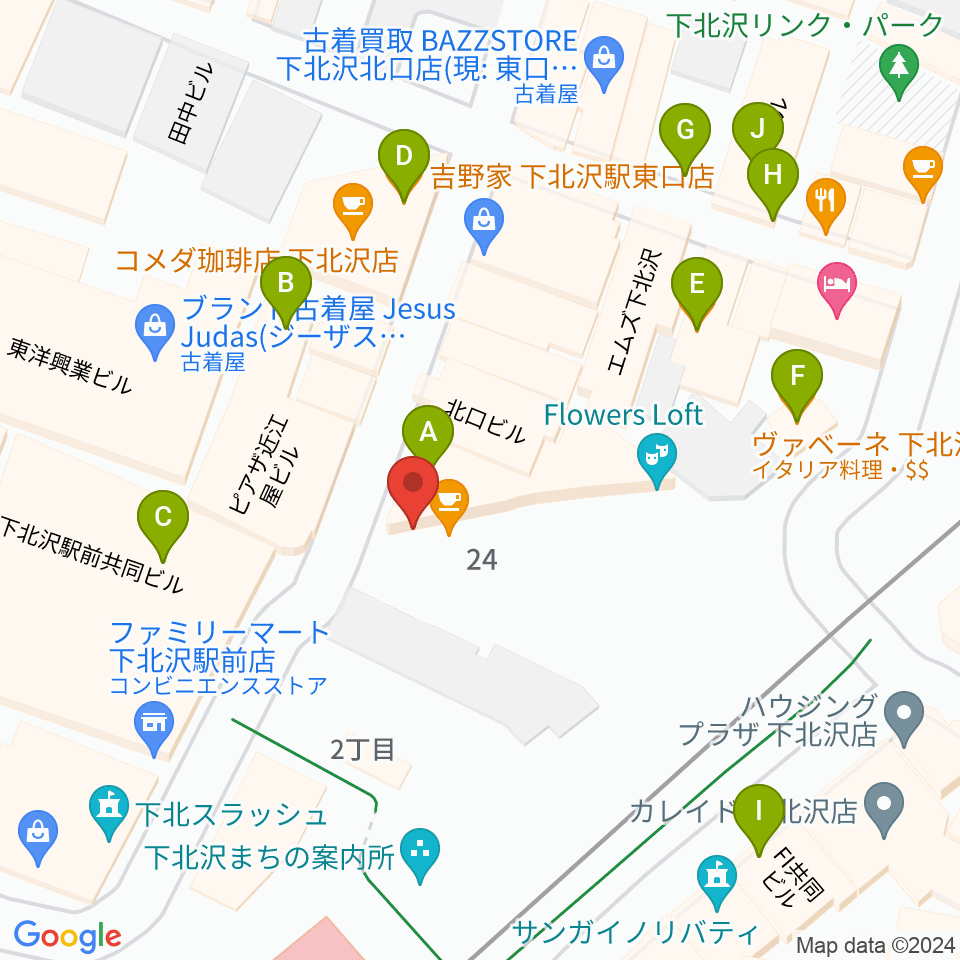 下北沢Flowers Loft周辺のファミレス・ファーストフード一覧地図