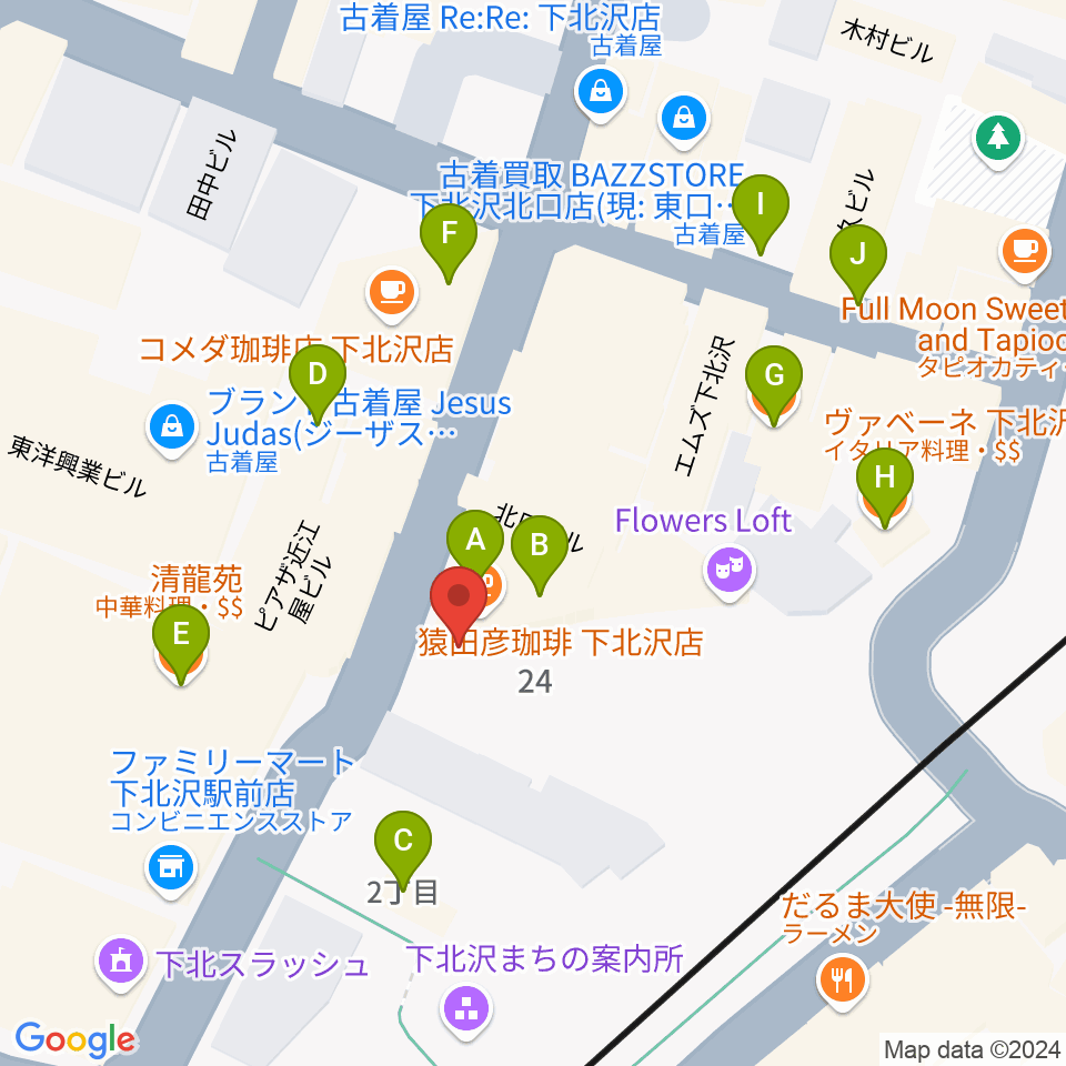 下北沢Flowers Loft周辺のファミレス・ファーストフード一覧地図