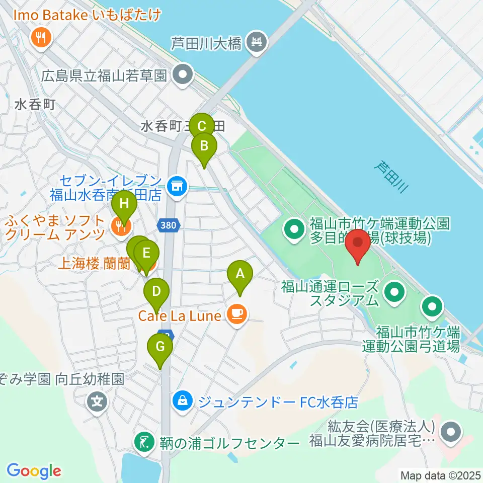エブリイ福山市民球場周辺のファミレス・ファーストフード一覧地図