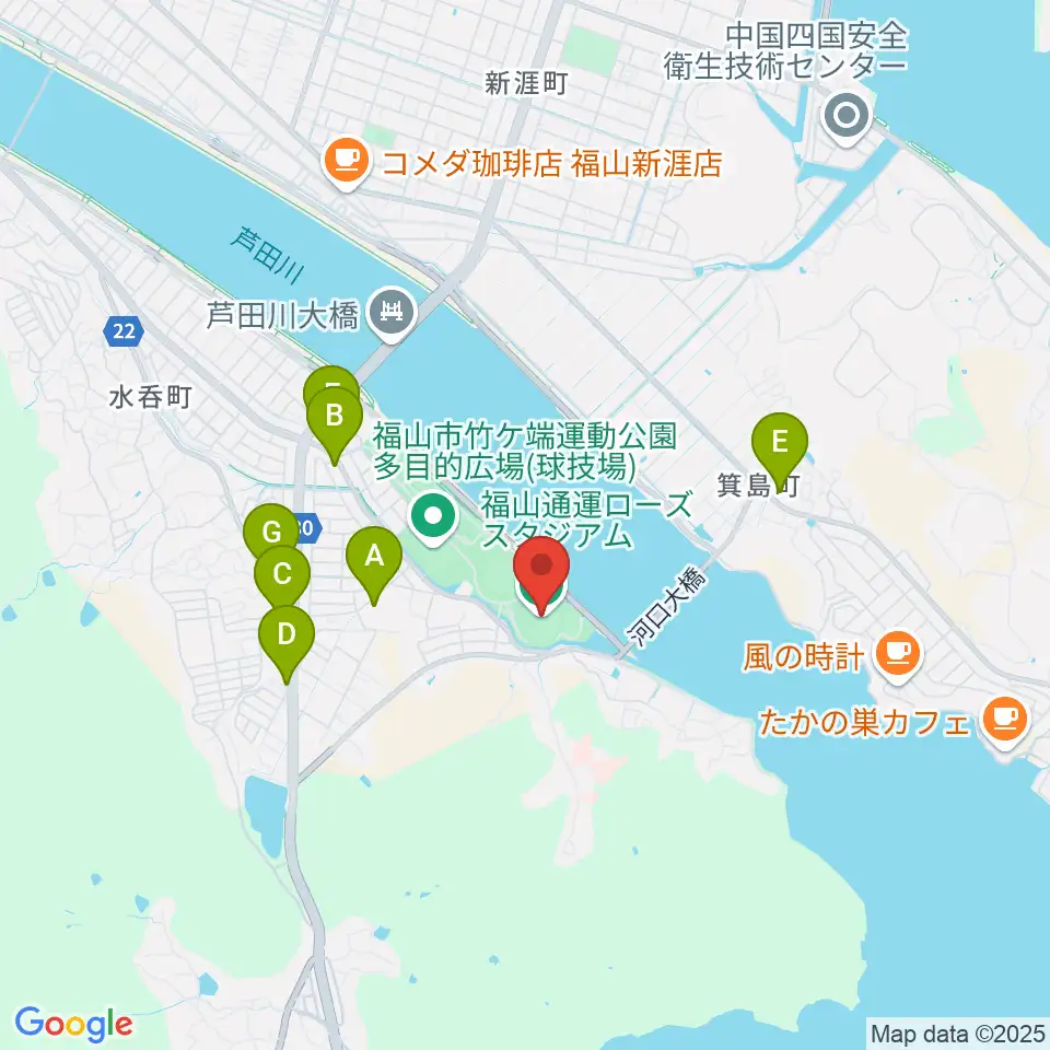 福山通運ローズスタジアム周辺のファミレス・ファーストフード一覧地図
