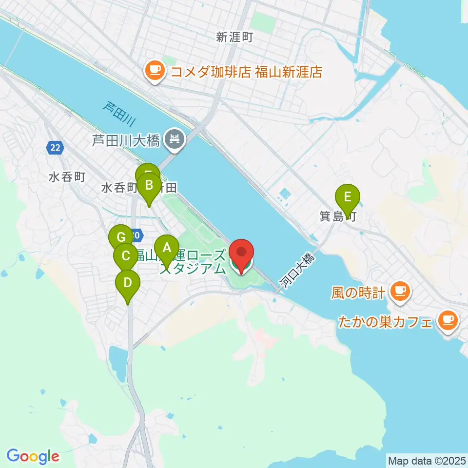 福山通運ローズスタジアム周辺のファミレス・ファーストフード一覧地図