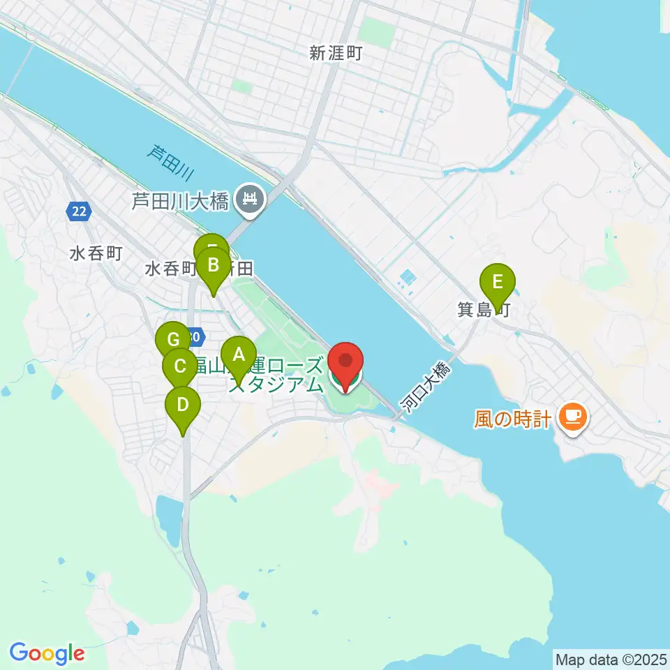 福山通運ローズスタジアム周辺のファミレス・ファーストフード一覧地図