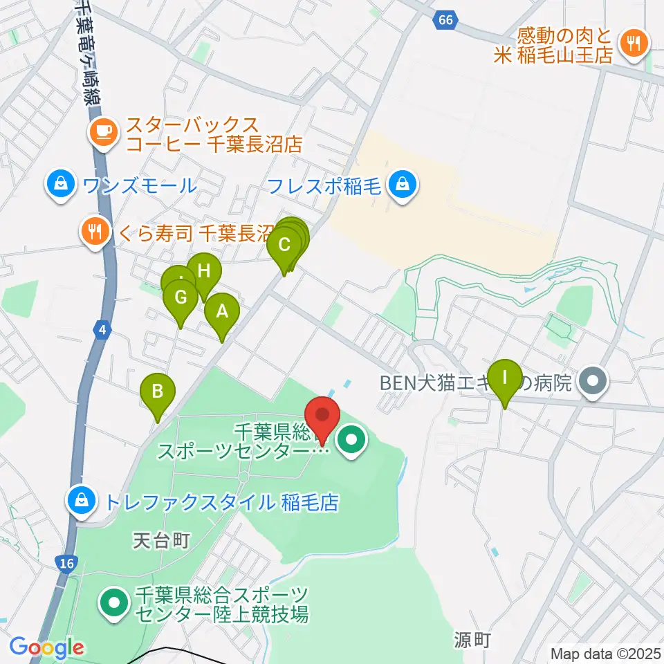 千葉県総合スポーツセンターサッカー・ラグビー場周辺のファミレス・ファーストフード一覧地図