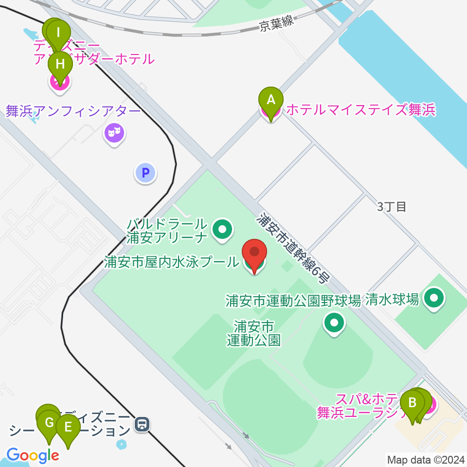 浦安市屋内水泳プール周辺のファミレス・ファーストフード一覧地図