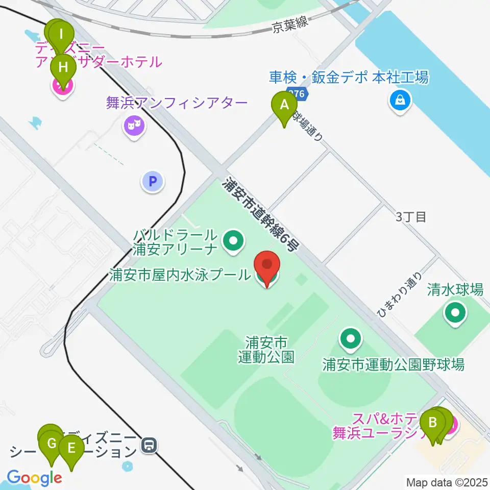 浦安市屋内水泳プール周辺のファミレス・ファーストフード一覧地図