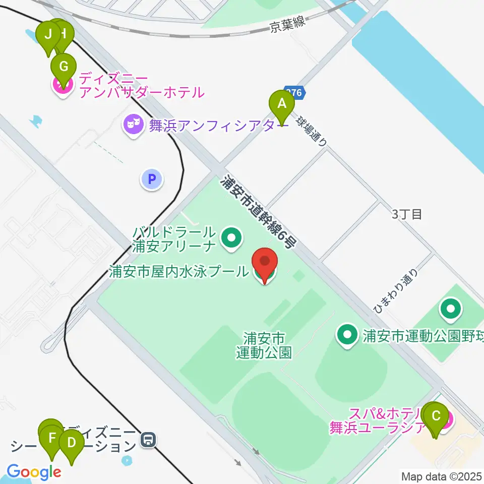 浦安市屋内水泳プール周辺のファミレス・ファーストフード一覧地図