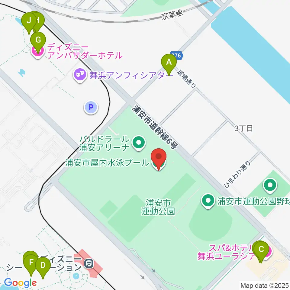 浦安市屋内水泳プール周辺のファミレス・ファーストフード一覧地図