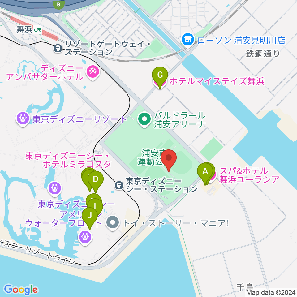 ブリオベッカ浦安競技場周辺のファミレス・ファーストフード一覧地図