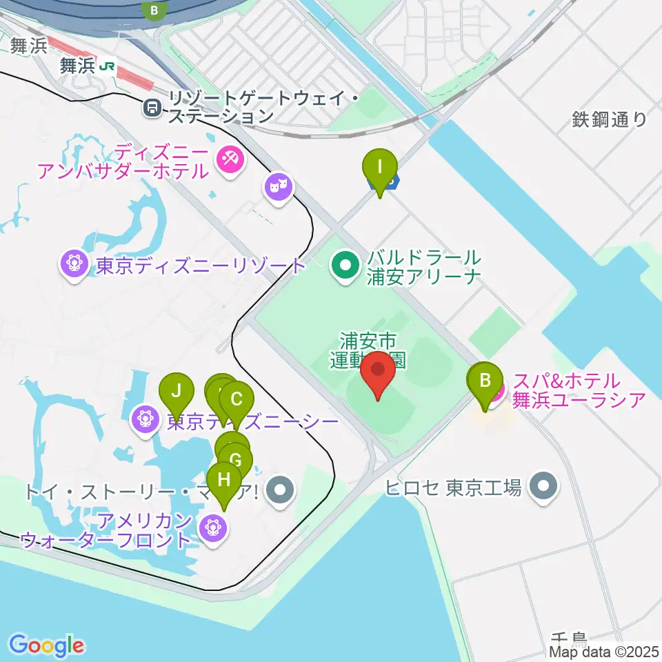 ブリオベッカ浦安競技場周辺のファミレス・ファーストフード一覧地図