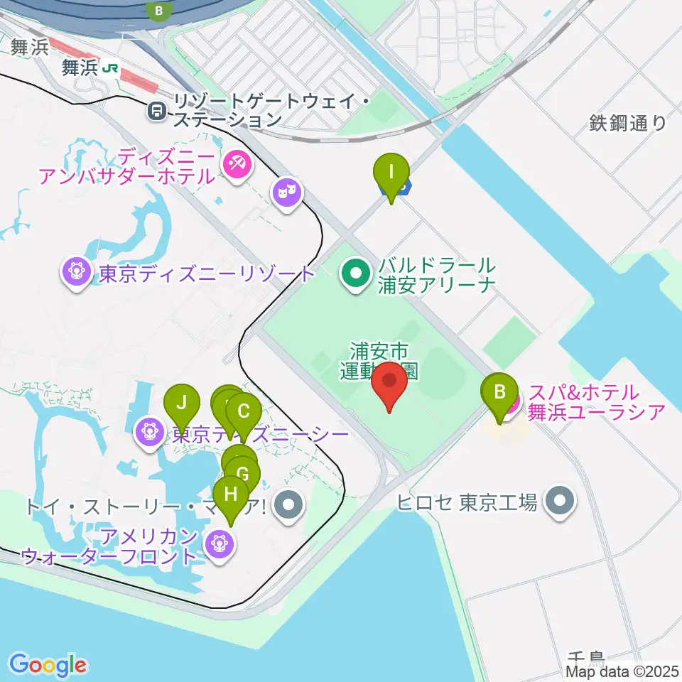ブリオベッカ浦安競技場周辺のファミレス・ファーストフード一覧地図