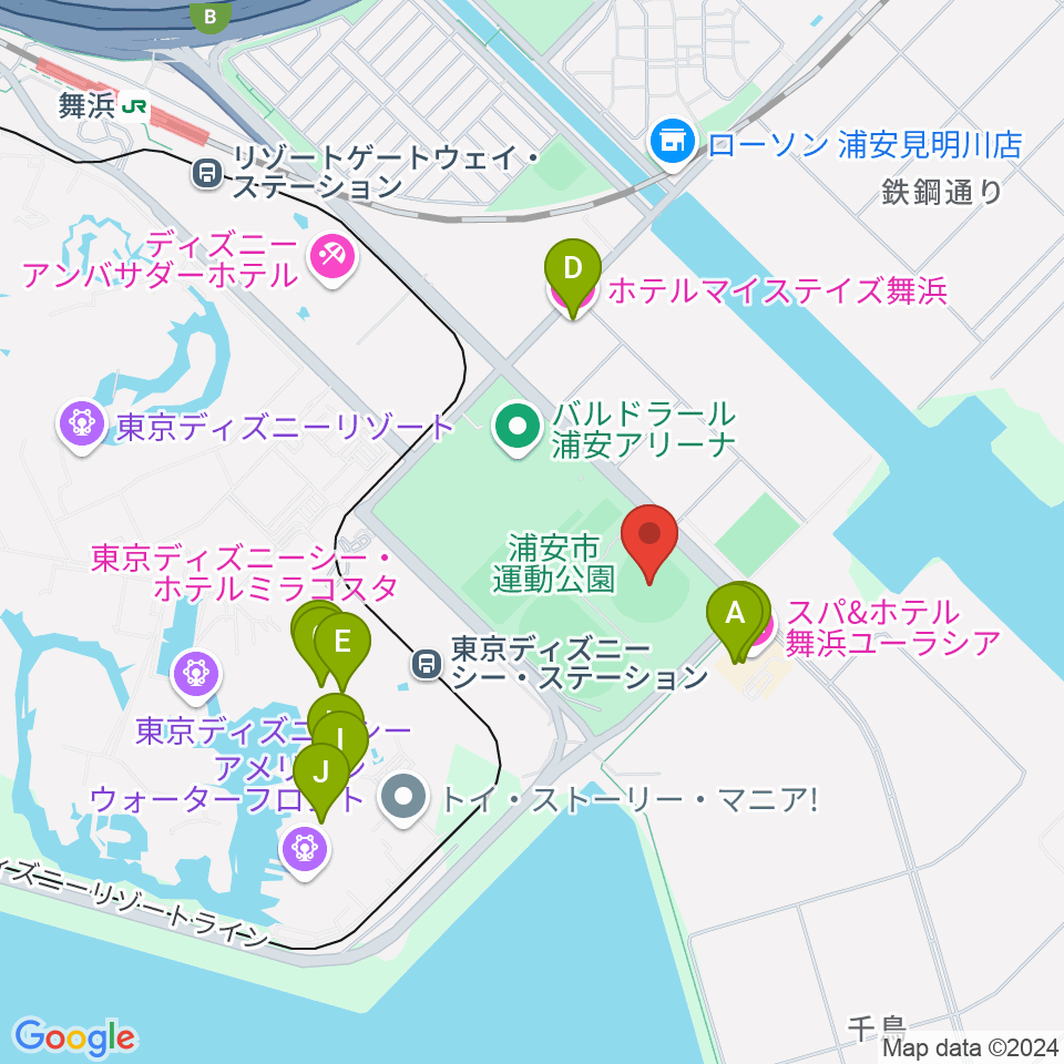 浦安市運動公園野球場周辺のファミレス・ファーストフード一覧地図