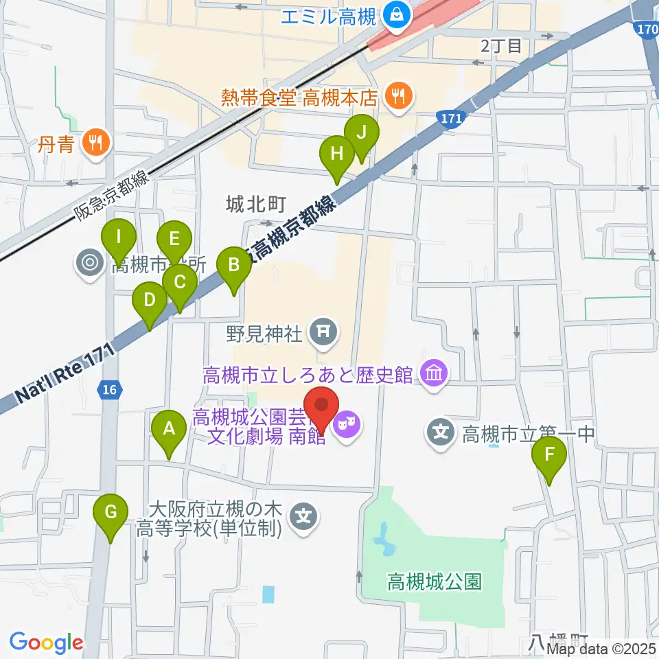 高槻城公園芸術文化劇場 南館周辺のファミレス・ファーストフード一覧地図
