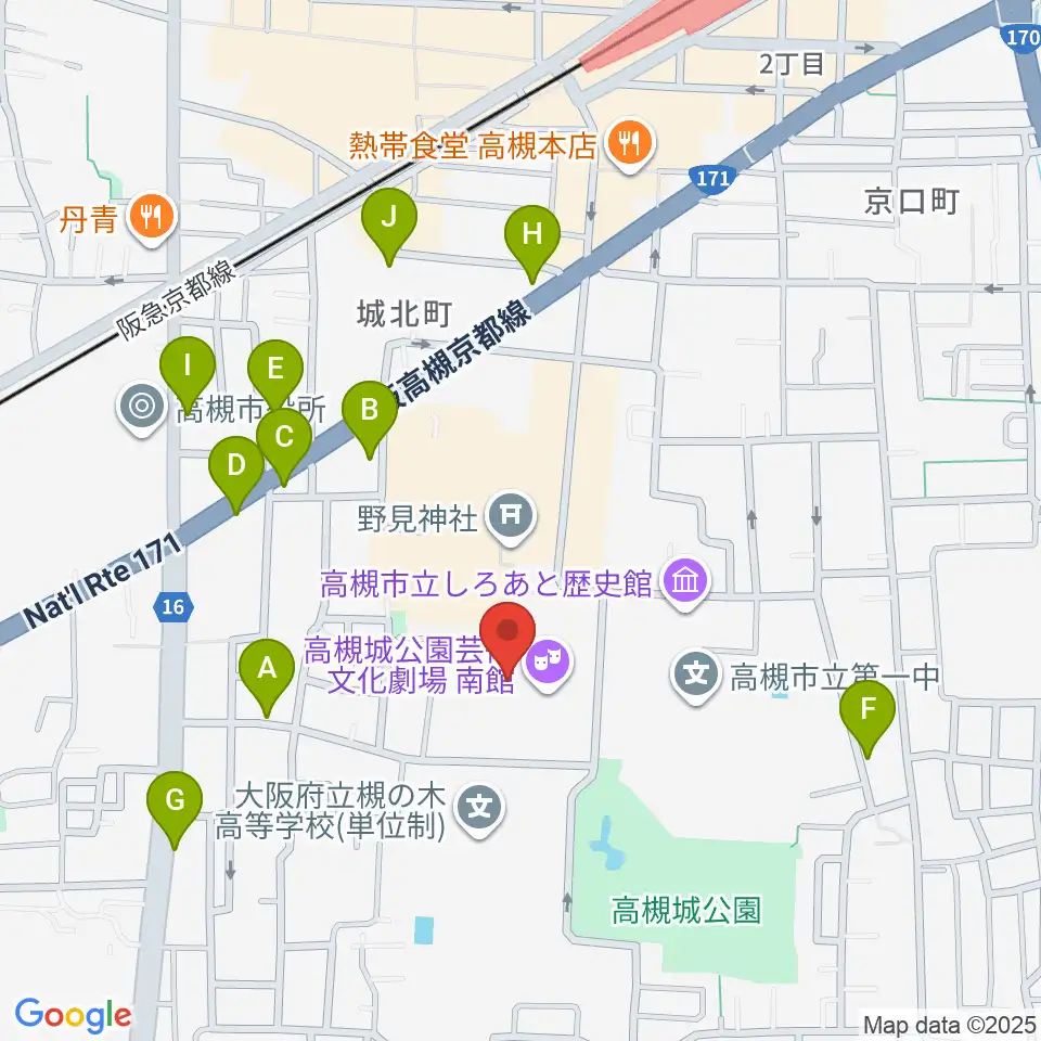 高槻城公園芸術文化劇場 南館周辺のファミレス・ファーストフード一覧地図