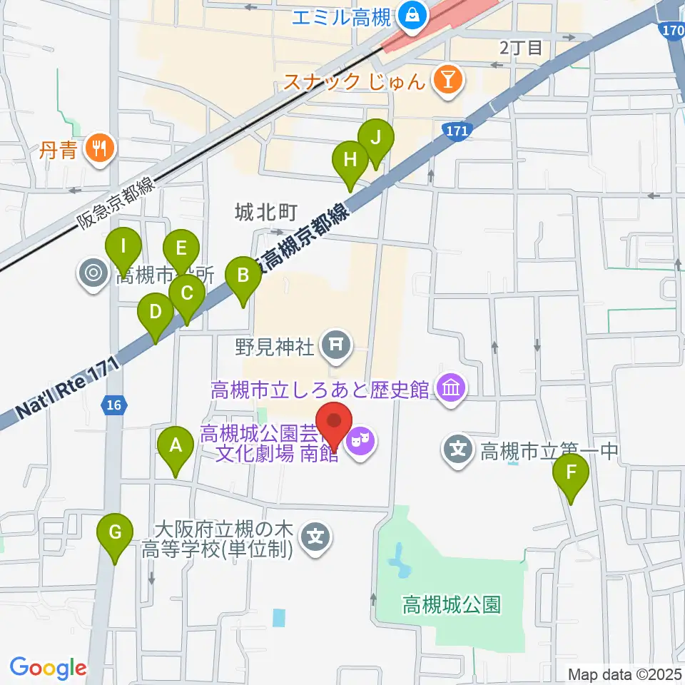 高槻城公園芸術文化劇場 南館周辺のファミレス・ファーストフード一覧地図