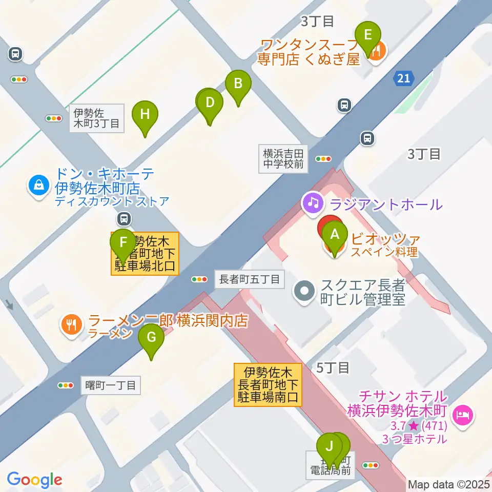 横浜ラジアントホール周辺のファミレス・ファーストフード一覧地図