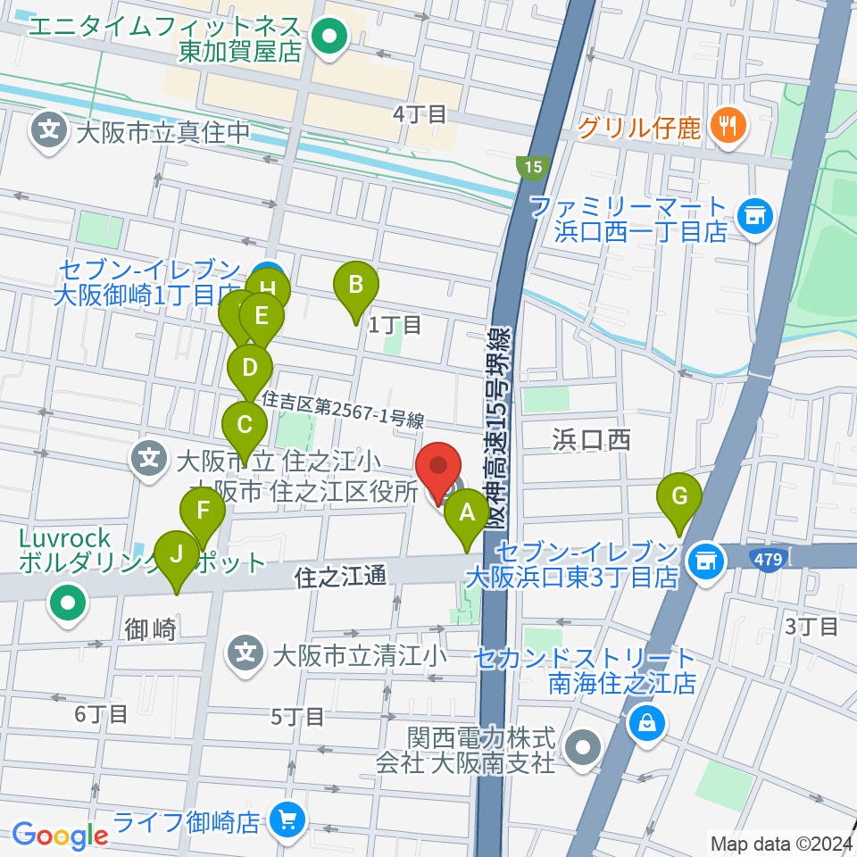 すみのえ舞昆ホール周辺のファミレス・ファーストフード一覧地図