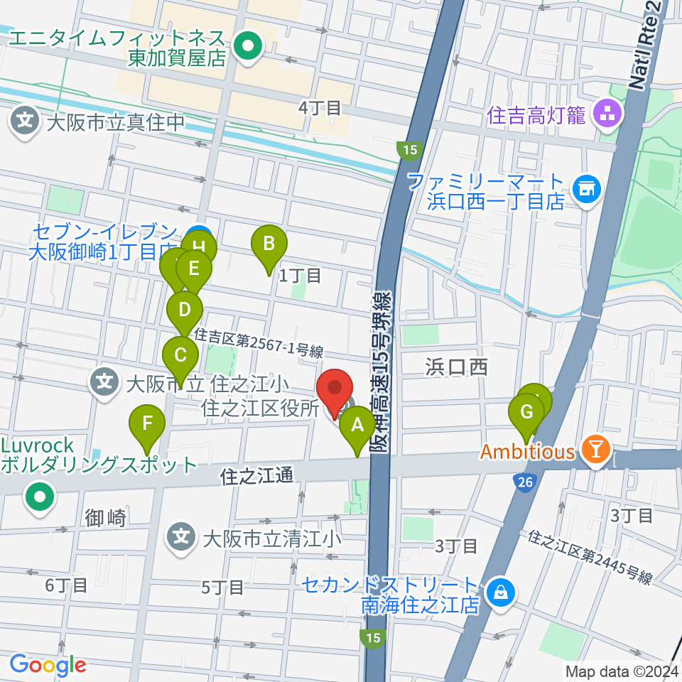 すみのえ舞昆ホール周辺のファミレス・ファーストフード一覧地図