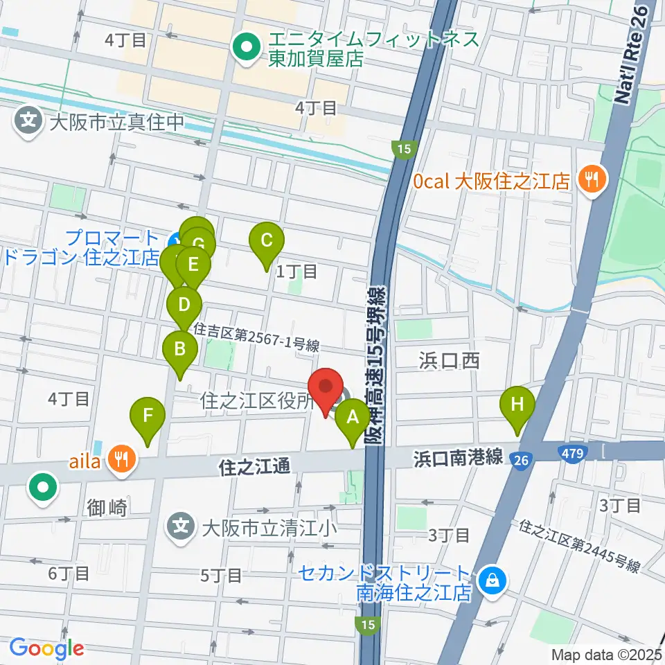 すみのえ舞昆ホール周辺のファミレス・ファーストフード一覧地図