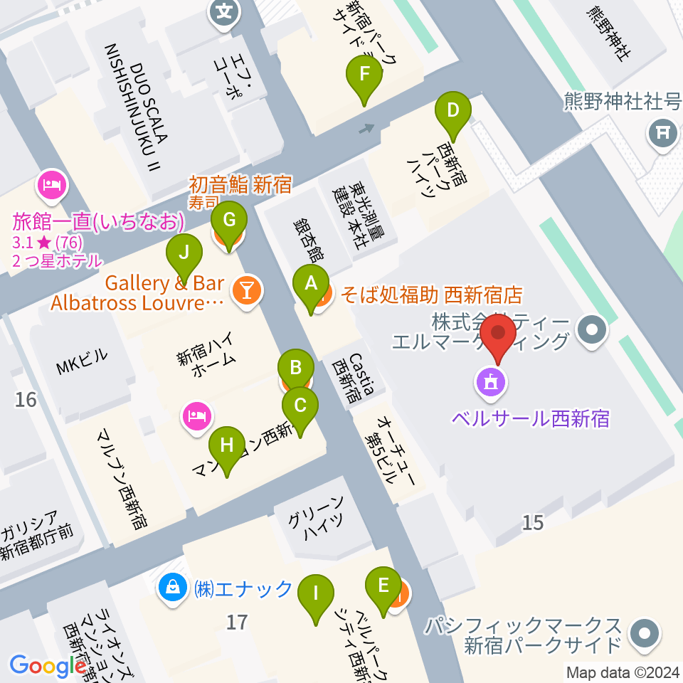 ベルサール西新宿周辺のファミレス・ファーストフード一覧地図