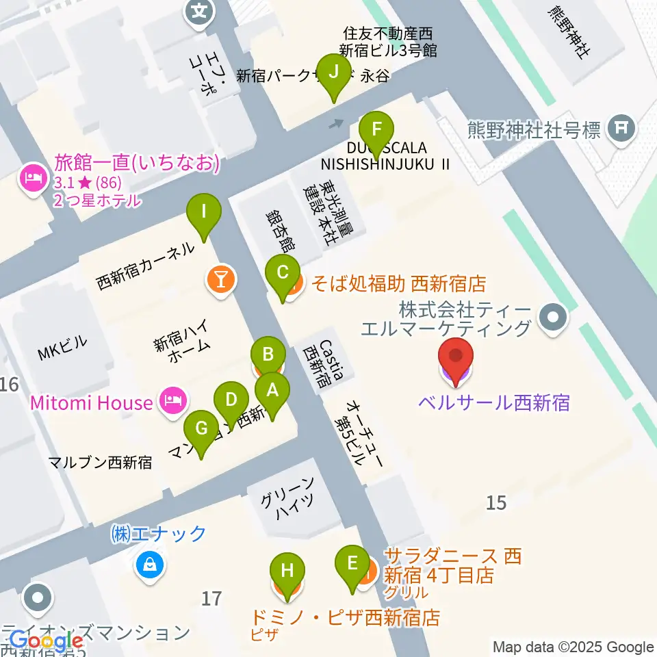 ベルサール西新宿周辺のファミレス・ファーストフード一覧地図