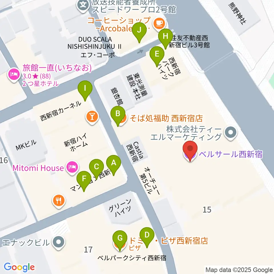 ベルサール西新宿周辺のファミレス・ファーストフード一覧地図