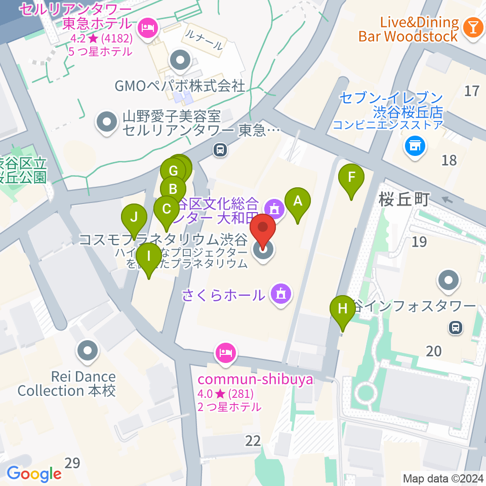 コスモプラネタリウム渋谷周辺のファミレス・ファーストフード一覧地図