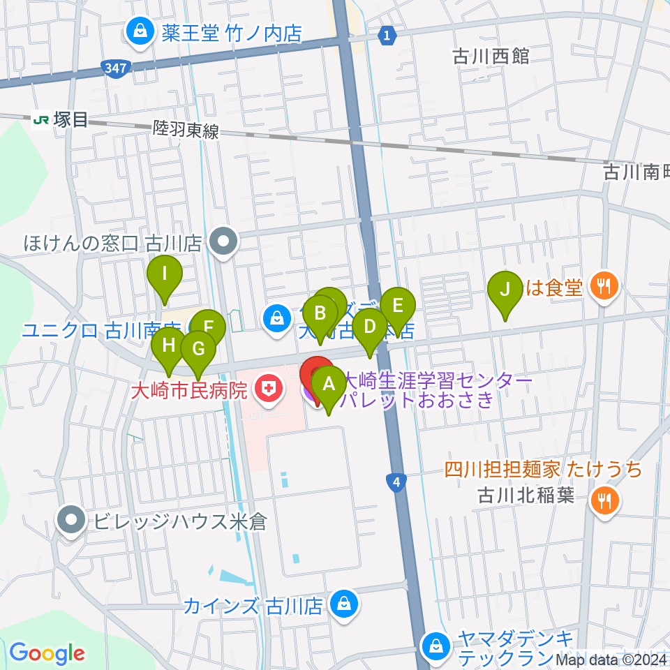 パレットおおさき周辺のファミレス・ファーストフード一覧地図