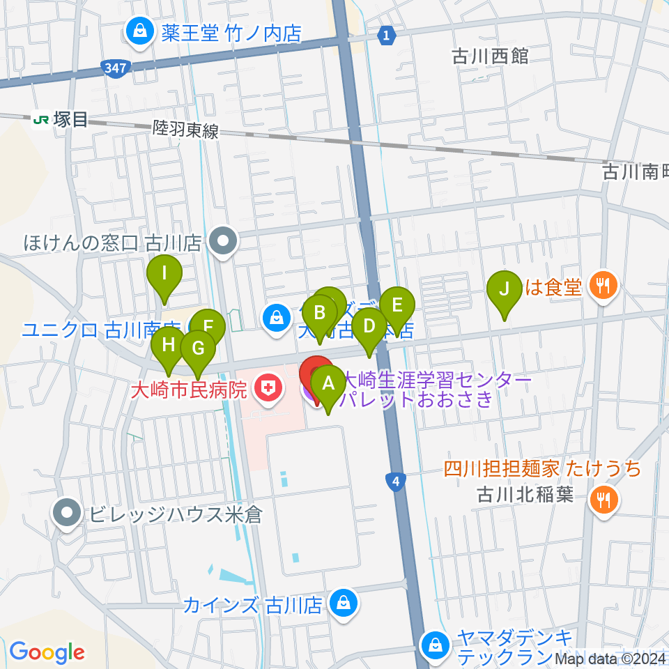 パレットおおさき周辺のファミレス・ファーストフード一覧地図