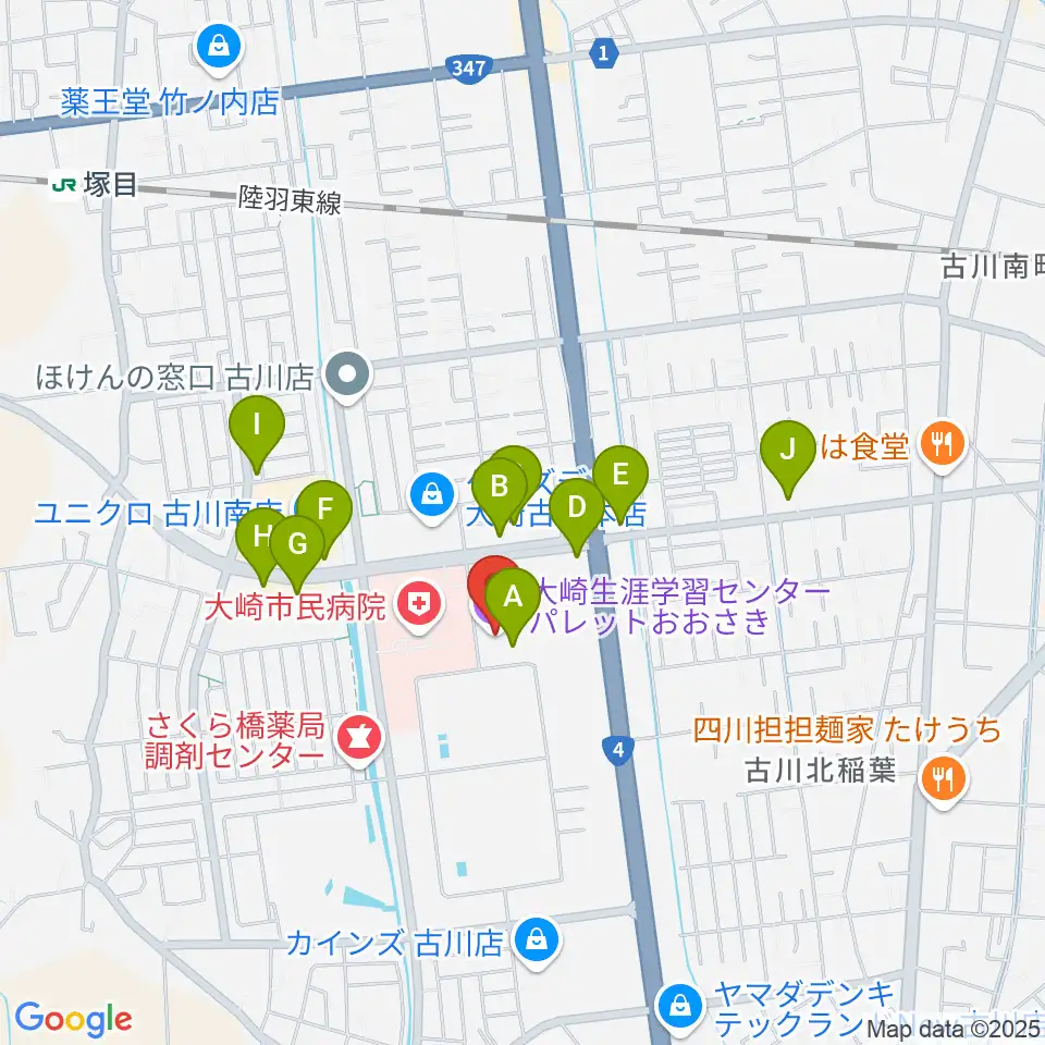 パレットおおさき周辺のファミレス・ファーストフード一覧地図