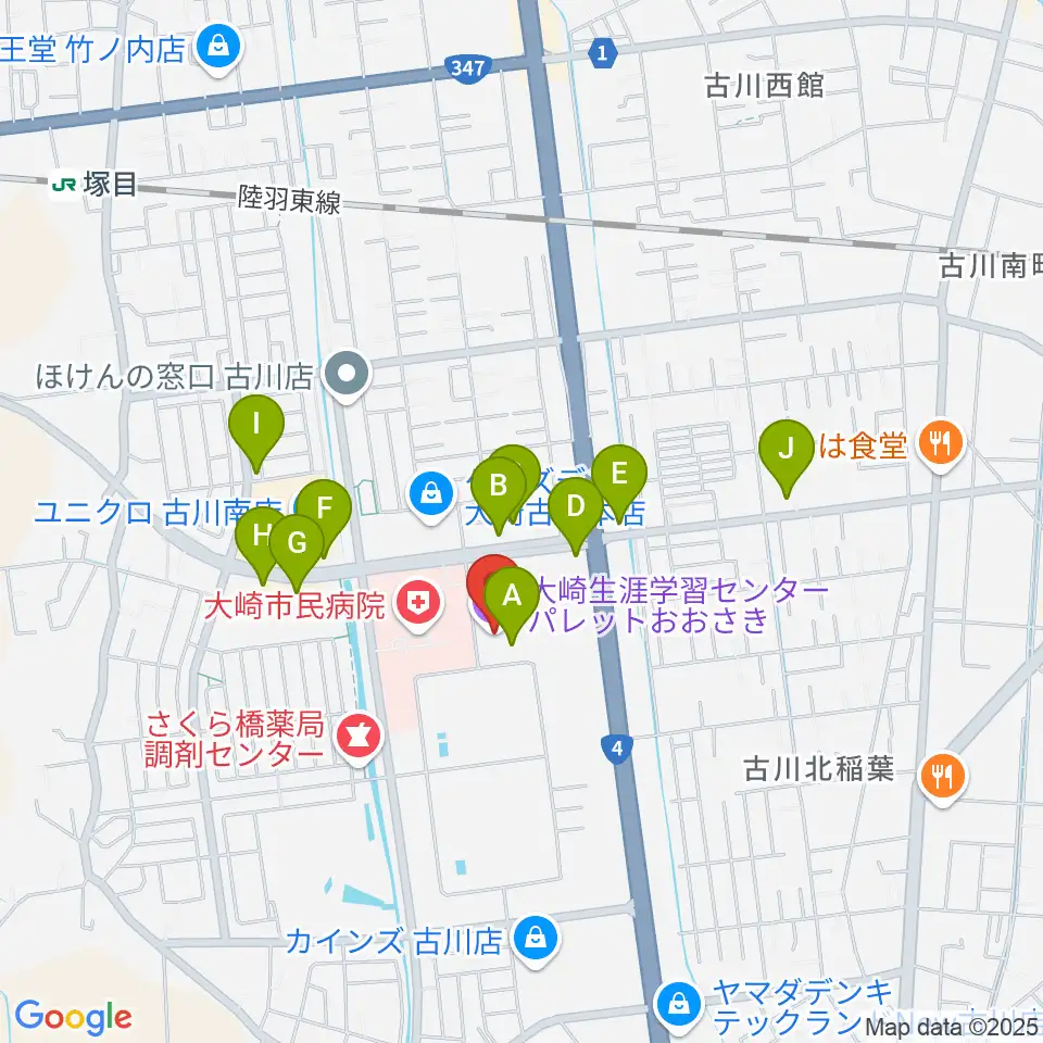 パレットおおさき周辺のファミレス・ファーストフード一覧地図