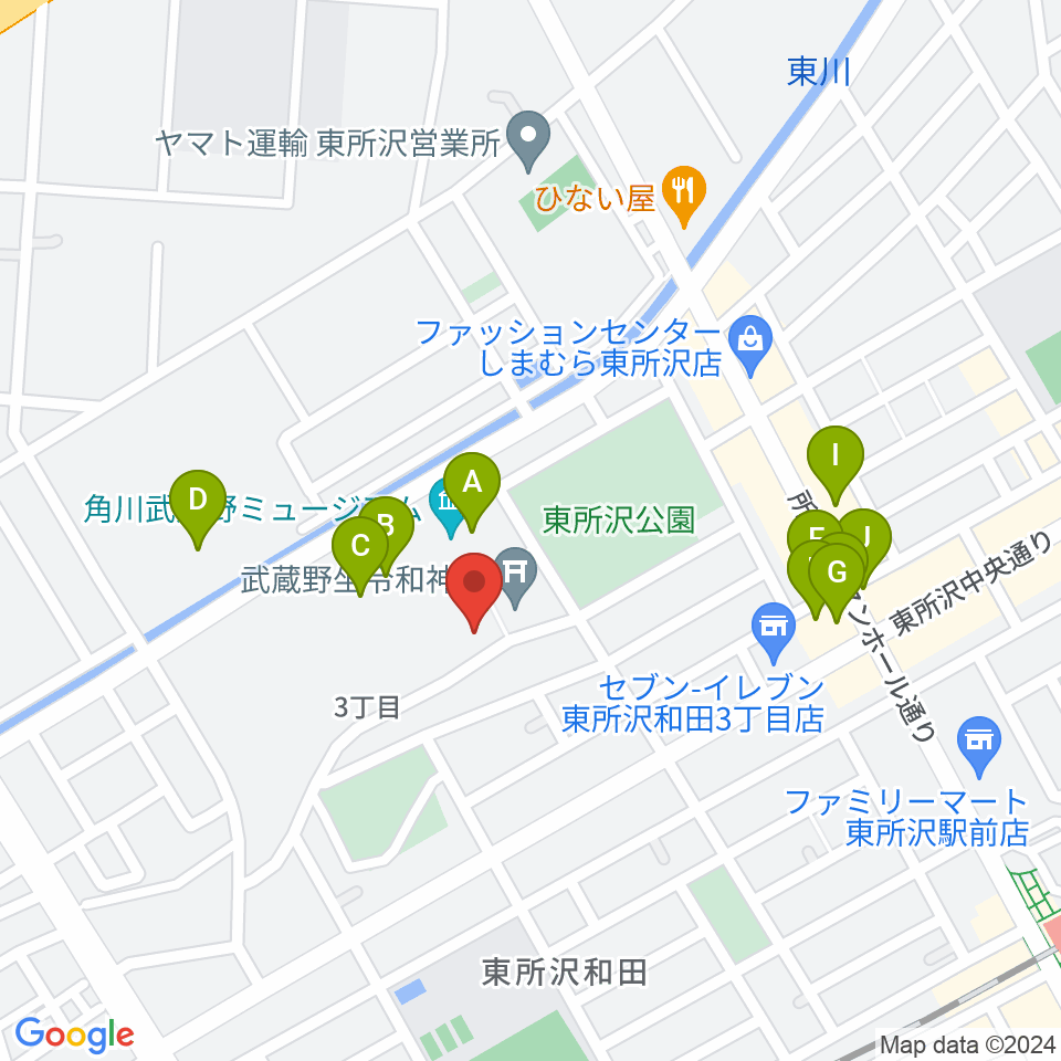 ところざわサクラタウン・ジャパンパビリオン周辺のファミレス・ファーストフード一覧地図
