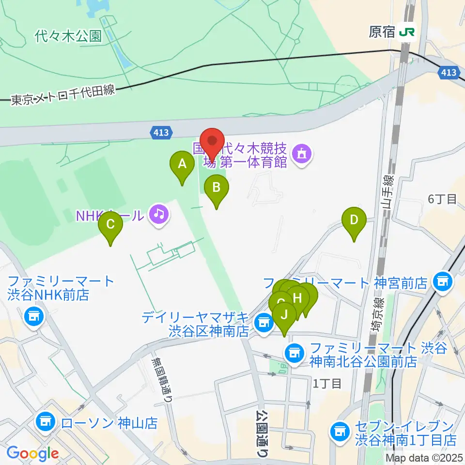 国立代々木競技場フットサルコート周辺のファミレス・ファーストフード一覧地図