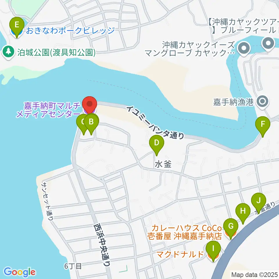 嘉手納町マルチメディアセンター周辺のファミレス・ファーストフード一覧地図